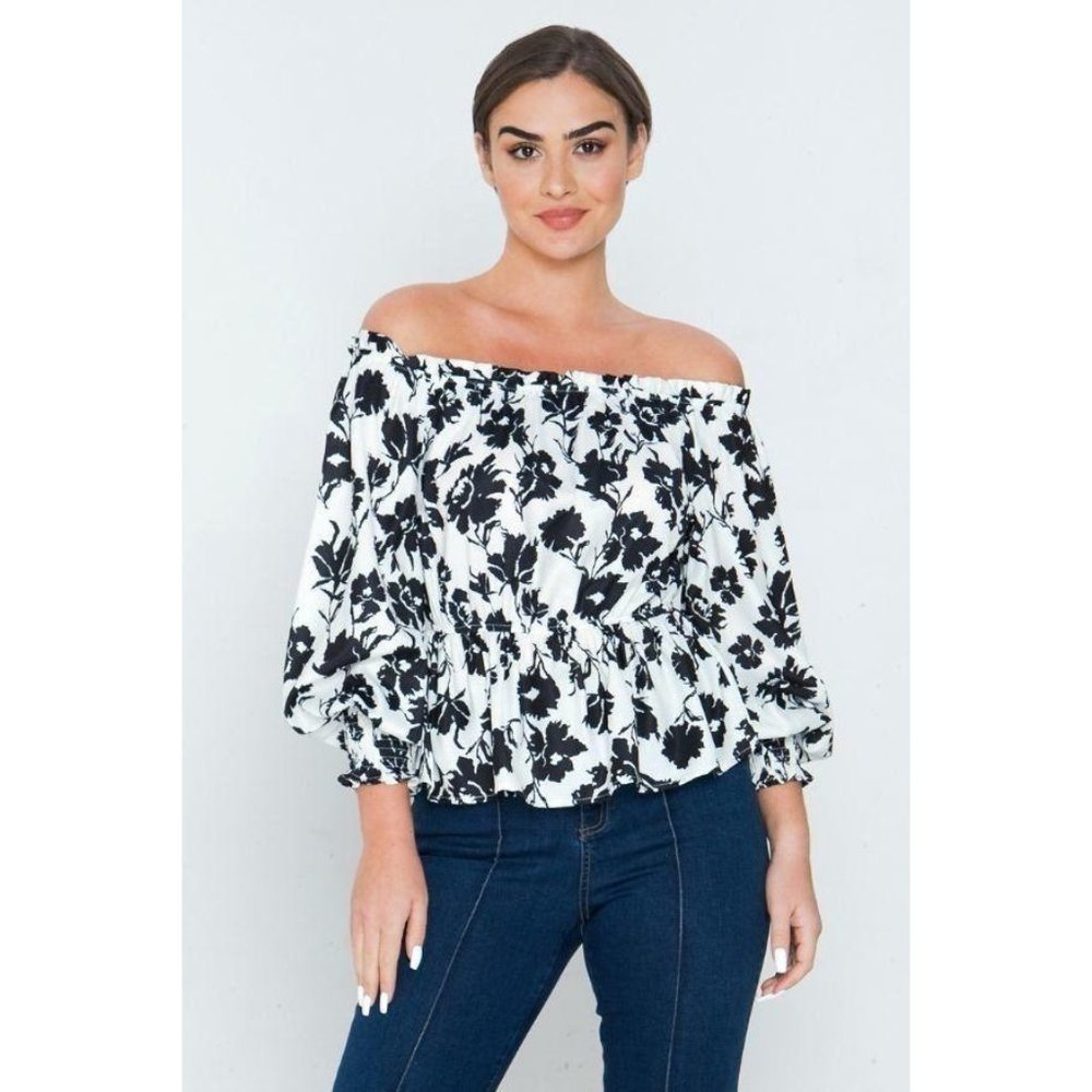 Black & White Off Shoulder Neckline Printed Shirt